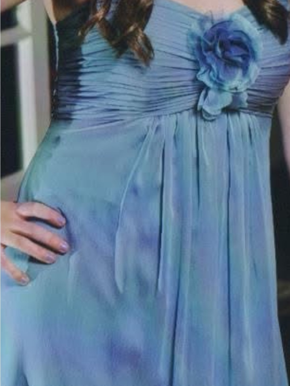 Bari Jay Light Blue Strapless Evening Dress with Flower Detail